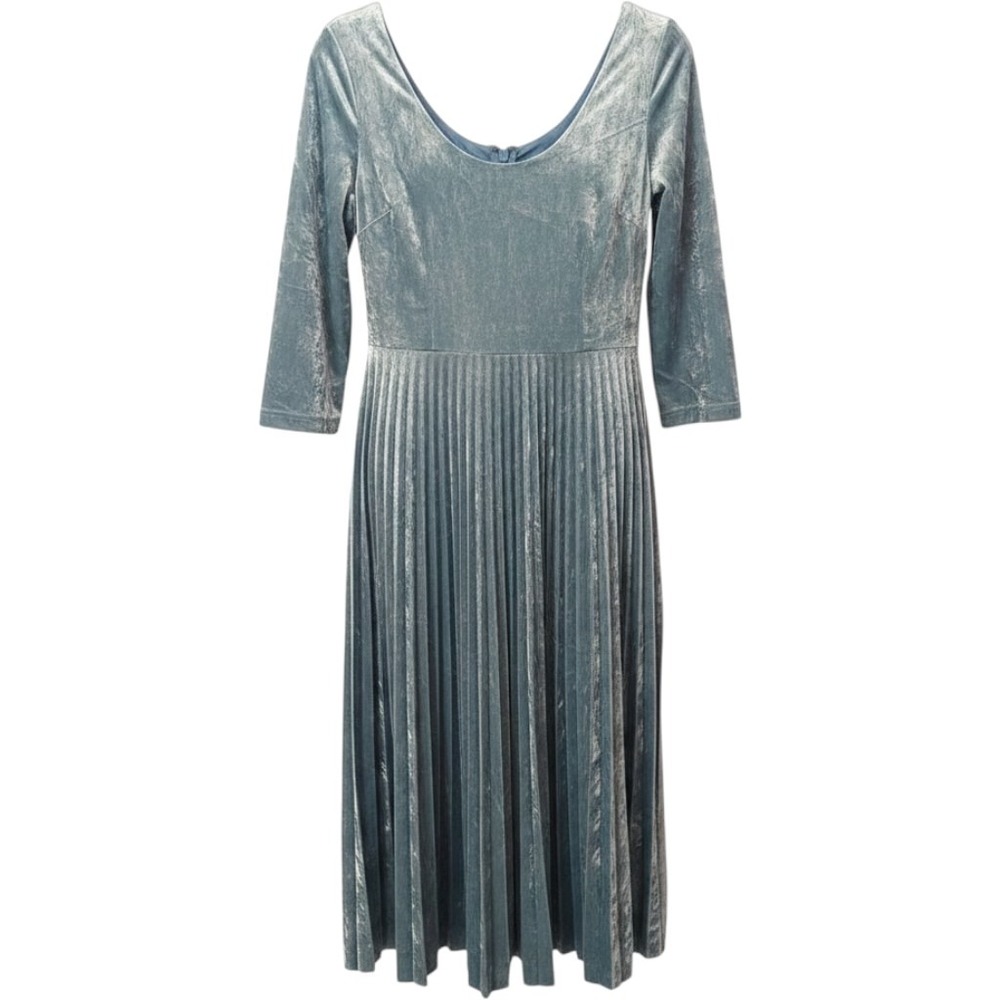 Crushed Velvet Pleated Dress 3/4 Sleeve Blue size Small Mermaid Ocean